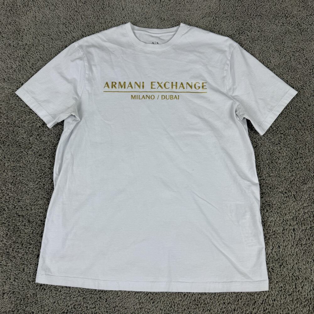 Armani Exchange Shirt Mens Small White Milano Dubai Gold Logo Graphic Tee